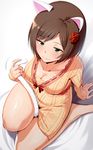  :3 amano_don animal_ears bad_id bad_pixiv_id bangs bare_legs between_legs blush breasts brown_hair cat_ears cat_tail collarbone commentary_request dress eyebrows_visible_through_hair from_above green_eyes half-closed_eyes hand_up highres holding_tail idolmaster idolmaster_cinderella_girls jitome long_sleeves maekawa_miku medium_breasts ribbon_trim short_hair sitting sleeves_past_wrists smile solo sweater sweater_dress tail thighs 