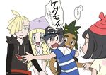  3boys bangs baseball_cap beanie black_hair blonde_hair blunt_bangs blush braid brother_and_sister dark_skin dark_skinned_male gladio_(pokemon) green_hair hair_over_one_eye hat hau_(pokemon) hood hoodie mizuki_(pokemon) multiple_boys multiple_girls open_mouth partially_translated pokemon pokemon_(game) pokemon_sm red_hat shirt short_hair siblings striped striped_shirt swept_bangs t-shirt toshiharu_(s_narutoshi) translation_request you_(pokemon) 