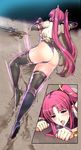  detached_sleeves high_heels highres long_hair original red_eyes red_hair sasana short_sleeves solo thighhighs twintails weapon 