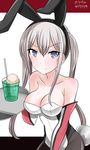 3: adapted_costume alternate_costume animal_ears black_legwear breasts bunny_ears bunny_tail bunnysuit cleavage collarbone commentary_request cup dated dress drinking_glass drinking_straw fake_animal_ears food graf_zeppelin_(kantai_collection) hebitsukai-san highres ice_cream ice_cream_float kantai_collection long_hair looking_at_viewer medium_breasts melon_soda off-shoulder_dress off_shoulder pantyhose signature silver_eyes silver_hair simple_background solo sweat tail tray twintails 