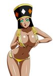  1girl alone bikini black_hair breasts cleavage curvy dark_skin dragon_ball dragon_ball_super female goddess green_eyes hat helles holding_breasts large_breasts lipstick navel photoshop red_lips simple_background solo stomach tanned tanned_skin thighs white_background yellow_bikini 