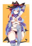  arm_up black_hat black_panties blue_hair bow breasts claws cosplay dangerous_beast elbow_gloves fate/grand_order fate_(series) fur_collar fur_trim gloves hair_over_one_eye hat highres hinanawi_tenshi jack-o'-lantern large_breasts long_hair looking_at_viewer mash_kyrielight mash_kyrielight_(cosplay) navel o-ring panties purple_gloves purple_legwear red_bow red_eyes revealing_clothes solo tail tetsurou_(fe+) thighhighs touhou two-tone_background underwear white_background wolf_tail yellow_background 