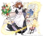  2girls bare_shoulders black_footwear black_hair blonde_hair brown_eyes brown_hair chair champagne_flute cup dress drinking_glass flower long_dress maid maid_cap multiple_boys multiple_girls napkin official_art open_door plate shirako_miso shoumetsu_toshi_2 solo_focus standing table vase victorian_maid window 