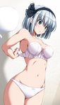  armpits bangs bare_arms bare_shoulders black_hairband black_ribbon blush bra breasts cleavage commentary_request cowboy_shot ghost green_eyes groin hair_ribbon hairband hitodama konpaku_youmu konpaku_youmu_(ghost) looking_down medium_breasts navel nori_tamago panties parted_lips ribbon short_hair silver_hair solo standing stomach strap_gap tareme thighs touhou unclasped underwear underwear_only white_bra white_panties 