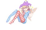  american_flag_dress american_flag_legwear bare_arms blonde_hair clownpiece commentary_request dress fairy_wings full_body hat highres index_finger_raised jester_cap knees_up long_hair looking_at_viewer neck_ruff open_mouth pantyhose plantar_flexion purple_hat red_eyes short_dress simple_background sitting smile solo star star_print striped striped_dress striped_legwear touhou white_background wings xubai 