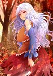  arano_oki autumn bare_shoulders bow breasts commentary_request detached_sleeves forest frills hatchet holding holding_weapon large_breasts long_hair messy_hair nature orange_eyes oriental_hatchet parted_lips red_bow sakata_nemuno solo touhou weapon white_hair 