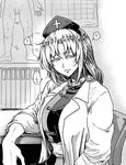  ? bangs breasts confused cross_print greyscale half-closed_eyes halftone hat koyubi_(littlefinger1988) labcoat large_breasts looking_at_viewer monochrome nurse_cap parted_lips poster_(object) sitting solo spoken_question_mark sweatdrop swept_bangs touhou yagokoro_eirin 