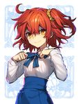  alternate_costume artoria_pendragon_(all) bow commentary_request cosplay fate/grand_order fate/stay_night fate_(series) floral_background fujimaru_ritsuka_(female) gojou_shinra hair_between_eyes hair_ornament hair_scrunchie high-waist_skirt long_sleeves looking_at_viewer orange_eyes orange_scrunchie red_hair saber saber_(cosplay) scrunchie shadow shirt side_ponytail skirt smile solo tying white_shirt 