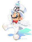  bad_id bad_twitter_id blue_eyes brown_hair cappy_(mario) facial_hair formal gloves hat highres living_clothes looking_at_viewer male_focus mario mario_(series) mustache omochi_(glassheart_0u0) one_eye_closed simple_background suit super_mario_bros. super_mario_odyssey white_gloves 