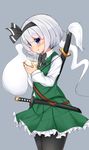  black_bow black_hairband black_neckwear black_ribbon blue_eyes bow commentary_request eating food frills green_skirt green_vest hair_ribbon hairband highres hitodama katana konpaku_youmu konpaku_youmu_(ghost) long_sleeves looking_at_viewer pantyhose ribbon sheath sheathed short_hair skirt sword tokoya_(ex-hetare) touhou vest weapon white_hair 