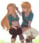  1girl blonde_hair blue_eyes bug butterfly closed_eyes earrings gloves insect jewelry link long_hair pointy_ears ponytail princess_zelda protected_link sleeping the_legend_of_zelda the_legend_of_zelda:_breath_of_the_wild zuizi 