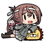  90mm_single_high-angle_gun_mount :d asagumo_(kantai_collection) bamomon black_legwear blazer blush_stickers brown_hair chibi commentary_request cup drinking_glass grey_skirt hachimaki headband holding jacket kantai_collection long_hair looking_at_viewer lowres open_mouth pleated_skirt ponytail school_uniform simple_background skirt smile solo stuffed_animal stuffed_lion stuffed_toy thighhighs white_background wine_glass zettai_ryouiki 