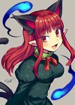  :3 alternate_hairstyle animal_ears bangs blunt_bangs breasts cat_ears cat_tail dated dress extra_ears fang green_dress hair_down iroyopon kaenbyou_rin long_hair looking_at_viewer medium_breasts open_mouth pointy_ears red_eyes red_hair simple_background smile solo tail touhou upper_body 