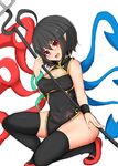  alternate_costume asymmetrical_wings bare_arms black_dress black_hair black_legwear blue_wings breasts china_dress chinese_clothes cleavage_cutout commentary_request dress highres houjuu_nue kneeling looking_at_viewer mary_janes medium_breasts open_mouth pointy_ears polearm red_eyes red_footwear red_wings shoes simple_background sketch smile snake solo thick_thighs thighhighs thighs tokoya_(ex-hetare) touhou trident weapon white_background wings wristband 