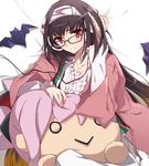  bat black_hair blush brown_hair character_doll fate/grand_order fate_(series) glasses gradient_hair hairband headphones looking_at_viewer low_twintails miyamoto_musashi_(fate/grand_order) multicolored_hair origami osakabe-hime_(fate/grand_order) purple_eyes solo tsuedzu twintails 