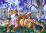  :3 angel_dragon brown_fur feral food fruit fur fuzzymaro grass green_eyes halloween holidays horn long_ears lying outside pumpkin solo spots spotted_fur traditional_media_(artwork) watercolor_(artwork) wings 