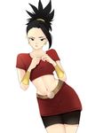  1girl alone black_eyes black_hair black_shorts bracelets dragon_ball dragon_ball_super female kale_(dragon_ball) navel ponytail red_shirt red_skirt saiyan shirt shorts simple_background skirt solo spiky_hair stomach thighs white_background 