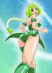  ass bare_shoulders blue_background blush boots breasts detached_sleeves garters green_eyes green_hair green_leotard green_neckwear highres hyumasu leotard long_hair looking_at_viewer looking_back magical_girl medium_breasts mew_lettuce midorikawa_lettuce open_mouth puffy_detached_sleeves puffy_sleeves solo tokyo_mew_mew 
