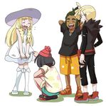  2girls bangs beanie black_hair blonde_hair blunt_bangs blush braid brother_and_sister dark_skin dark_skinned_male dress dress_lift gladio_(pokemon) green_eyes hair_over_one_eye hat hau_(pokemon) hood hoodie lillie_(pokemon) long_hair mizuki_(pokemon) multiple_boys multiple_girls open_mouth pokemon pokemon_(game) pokemon_sm red_hat shirt short_hair short_ponytail shorts siblings sleeveless sleeveless_dress smile sun_hat sundress sweatdrop t-shirt toshiharu_(s_narutoshi) twin_braids white_dress white_hat yuri 