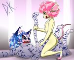  2017 ambiguous_penetration angry anthro blue_hair blush breasts cat desertkaiju digital_media_(artwork) duo fangs feline female from_behind_position fur girly hair male male/female mammal mouse nude open_mouth penetration pink_hair rodent saber-toothed_cat sex simple_background size_difference smile stripes tail_pull tiger 