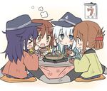  &gt;_&lt; :d akatsuki_(kantai_collection) anchor_symbol bangs black_hat blue_eyes blue_sailor_collar blue_skirt blush bowl brown_eyes brown_hair calendar_(object) chopsticks closed_eyes closed_mouth commentary_request cushion eyebrows_visible_through_hair fang flat_cap folded_ponytail food food_on_face hair_between_eyes hanten_(clothes) hat hibiki_(kantai_collection) highres hizuki_yayoi holding holding_bowl holding_chopsticks ikazuchi_(kantai_collection) inazuma_(kantai_collection) kantai_collection kotatsu ladle long_hair long_sleeves multiple_girls nabe neckerchief open_mouth pleated_skirt pot purple_hair red_neckwear rice rice_on_face sailor_collar school_uniform serafuku shirt short_hair silver_hair simple_background sitting skirt sleeves_past_wrists smile table white_background white_shirt wide_sleeves xd 