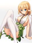 3: arm_support blonde_hair blue_eyes breasts capelet chain cleavage closed_mouth collar commentary_request copyright_request elf hair_between_eyes high-waist_skirt leaning_back medium_breasts mole mole_under_eye o-ring panties pointy_ears sawada_yuusuke short_hair simple_background sitting skirt solo thighhighs underwear white_legwear white_panties 