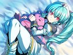  angel_wing_uniform aqua_hair commentary_request galaxy_angel hat holding holding_stuffed_animal long_hair looking_at_viewer lying on_back pantyhose red_eyes solo stuffed_animal stuffed_toy tsuki_wani vanilla_h white_hat white_legwear 