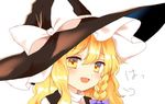  :d =3 blonde_hair blush bow braid commentary hat hat_bow kirisame_marisa laughing looking_at_viewer open_mouth side_braid single_braid smile smug snort touhou translated wavy_hair white_bow witch_hat yellow_eyes yururi_nano 