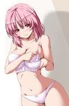 adjusting_bra adjusting_clothes bare_arms bare_shoulders blush bra breasts cleavage closed_mouth collarbone cowboy_shot dutch_angle eyebrows_visible_through_hair frown groin large_breasts looking_at_viewer navel nori_tamago panties pink_bra pink_hair pink_panties saigyouji_yuyuko shiny shiny_hair short_hair solo standing stomach touhou underwear underwear_only 