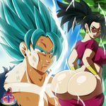  1boy 1girl angry ass aura black_eyes blue_eyes blue_hair bruise caulifla dragon_ball dragon_ball_super earrings female fusion grin hips huge_ass kale_(dragon_ball) kefla large_ass male pants_down ponytail potara_earrings red_pants red_shirt saiyan shirt sideboob son_gokuu spiky_hair stare super_saiyan_blue wide_hips 