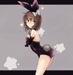  alternate_costume alternate_headwear animal_ears bangs black_gloves black_leotard blush bow breasts brown_eyes brown_hair bunny_ears bunny_tail bunnysuit crossed_arms elbow_gloves eyes_visible_through_hair fake_animal_ears fake_tail from_side gloves grey_background hair_between_eyes hair_bow hairband leotard letterboxed long_hair looking_at_viewer looking_to_the_side nervous_smile nose_blush open_mouth reflective_eyes rin_falcon shiny shiny_hair single_sidelock small_breasts solo star tail thighs touhou usami_renko 