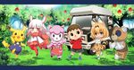  2girls :3 :d animal_ears apple bandages bear black_eyes black_hair blonde_hair boko_(girls_und_panzer) car chibi commentary_request crossover doubutsu_no_mori elbow_gloves flying food forest fruit fur_collar furry gen_1_pokemon girls_und_panzer gloves gradient_hair ground_vehicle head_wings highres holding_hands japanese_crested_ibis_(kemono_friends) kemono_friends lisa_(doubutsu_no_mori) long_hair looking_at_viewer motor_vehicle multicolored_hair multiple_crossover multiple_girls nature nyoro_(nyoronyoro000) open_mouth pantyhose pikachu pleated_skirt pokemon pokemon_(creature) red_legwear serval_(kemono_friends) serval_ears serval_print serval_tail sheep short_hair skirt smile suspenders tail thighhighs tree villager_(doubutsu_no_mori) white_hair yellow_eyes zettai_ryouiki 