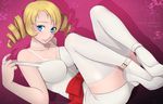  1girl blonde_hair blue_eyes breasts catherine catherine_(game) choker cleavage demon_girl drill_hair female full_body high_heels lipstick medium_breasts ribbon sitting solo twin_drills twintails 