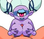  1girl akai_(ugokashitari) animated animated_gif bouncing_breasts breasts censored cyclops fuumin_(youkai_watch) hetero large_breasts lowres monster_girl nipples novelty_censor one-eyed paizuri penis pixel_art pointy_ears purple_skin transparent_background youkai youkai_watch 