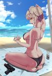  ahoge arm_up artoria_pendragon_(all) artoria_pendragon_(swimsuit_rider_alter) ass back bangs bare_arms bare_legs bare_shoulders barefoot beach beach_towel bikini black_bikini blonde_hair blue_sky blush braid breasts butt_crack cloud covered_nipples day dimples_of_venus eyebrows_visible_through_hair fate/grand_order fate_(series) gun halterneck handgun highres holding horizon kamkac lotion_bottle maid_headdress medium_breasts ocean open_mouth outdoors pistol profile short_hair sideboob sidelocks sideways_mouth sitting sky soles solo strap_gap swimsuit thighs towel wariza water weapon yellow_eyes 