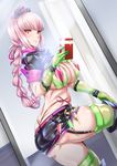  ass ayuayu_(shouyu_no_sato) back belt bikini blush boots braid breasts cellphone cleavage fate/grand_order fate_(series) florence_nightingale_(fate/grand_order) gloves green_bikini green_gloves green_legwear hat huge_breasts long_hair looking_at_viewer mirror nurse_cap phone pink_bikini pink_eyes pink_hair reflection self_shot shrug_(clothing) skirt smartphone solo swimsuit syringe thigh_boots thighhighs trick_or_treatment 