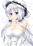 azur_lane breasts choker cleavage collarbone commentary_request covered_nipples dress elbow_gloves gloves hair_ornament hat huge_breasts illustrious_(azur_lane) long_hair looking_at_viewer md5_mismatch nagana_sayui off-shoulder_dress off_shoulder silver_eyes simple_background solo sun_hat tri_tails v_arms white_background white_choker white_dress white_gloves white_hair 
