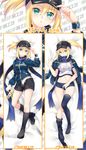  ahoge artoria_pendragon_(all) ass_visible_through_thighs bed_sheet black_footwear black_hat black_shorts blonde_hair blue_buruma blue_eyes blue_legwear blue_scarf blue_sweater boots buruma character_name dakimakura excalibur eyebrows_visible_through_hair fate/grand_order fate_(series) from_above full_body gym_uniform hair_between_eyes hat highres holding holding_sword holding_weapon knee_boots long_hair looking_at_viewer lying menggongfang midriff multiple_views mysterious_heroine_x navel on_back open_clothes open_shorts parted_lips ponytail scarf shiny shiny_skin shirt short_shorts shorts stomach sweater sword thighhighs visor_cap weapon white_shirt wrist_cuffs 