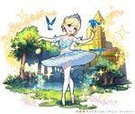  :d ballerina ballet_slippers bird blonde_hair blue_eyes bluebird building egg golden_egg grass official_art open_mouth pantyhose pond reflection shirako_miso short_hair shoumetsu_toshi_2 smile standing tiara tiptoes tree watermark white_legwear 