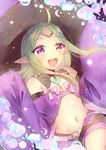  absurdres ahoge blush cape circlet fire_emblem fire_emblem:_kakusei fire_emblem_heroes gloves green_hair halloween hat highres long_hair mamkute mirin. navel nono_(fire_emblem) open_mouth pointy_ears purple_eyes smile solo witch 