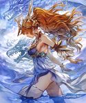  blue_dress bracelet breasts brown_eyes cowboy_shot detached_sleeves dragon dress earrings floating_hair from_side highres jewelry long_hair medium_breasts nijihara open_mouth orange_hair ponytail shadowverse shingeki_no_bahamut sibyl_of_the_waterwyrm sideboob sleeveless sleeveless_dress solo thigh_strap very_long_hair 