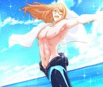  :d adonis_belt brown_eyes brown_hair cowboy_shot idolmaster idolmaster_side-m koron_chris long_hair looking_to_the_side male_focus muscle nipples nozaki_maharu ocean open_mouth outstretched_arms smile solo sparkle toned toned_male wetsuit 