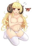  anila_(granblue_fantasy) bikini blonde_hair blue_eyes blush breasts brown_eyes chitosy collarbone draph eyebrows_visible_through_hair flying_sweatdrops full_body granblue_fantasy highres horns kneeling large_breasts long_hair looking_at_viewer navel nipples no_shoes nose_blush open_mouth severed_head shaded_face side-tie_bikini silhouette sweatdrop swimsuit thick_eyebrows thighhighs topless vee_(granblue_fantasy) very_long_hair white_background white_bikini_bottom white_legwear 