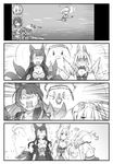  3girls 4koma afloat akagi_(azur_lane) animal_ears ayanami_(azur_lane) azur_lane bird bowing breasts bruise chibi chick cleavage comic commentary_request crying crying_with_eyes_open eyeshadow fox_ears fox_tail gameplay_mechanics greyscale holding holding_sword holding_weapon injury japanese_clothes kaga_(azur_lane) long_hair makeup monochrome multiple_girls multiple_tails pleated_skirt ponytail saliva saliva_trail school_uniform serafuku ship short_hair silent_comic skirt smoke steed_(steed_enterprise) sweat sword tail tears torn_clothes translation_request watercraft weapon 