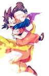  1girl black_eyes black_hair bracelet cheek-to-cheek chi-chi_(dragon_ball) chinese_clothes closed_eyes dougi dragon_ball dragon_ball_z earrings hug jewelry looking_at_another mother_and_son ochanoko_(get9-sac) one_eye_closed open_mouth simple_background smile son_goten spiked_hair tied_hair white_background 