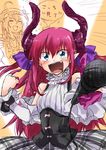  ahoge bare_shoulders blush closed_eyes commentary_request corset curled_horns elizabeth_bathory_(fate) elizabeth_bathory_(fate)_(all) fan fate/extra fate/extra_ccc fate/grand_order fate_(series) flying_sweatdrops frills fujimaru_ritsuka_(female) green_eyes hair_between_eyes holding holding_microphone idol long_hair looking_at_viewer microphone multiple_girls open_mouth pink_hair plaid plaid_skirt pointy_ears ruffled_sleeves side_ponytail skirt solo_focus sparkle sweat translated unya 