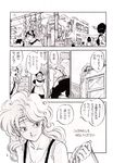  building cleavage collarbone comic commentary_request dragon_ball dragon_ball_(classic) drawer greyscale hair_bun headband highres ink_(medium) low_ponytail lunch_(dragon_ball) maid monochrome open_mouth shinobibe_himika smile suspenders traditional_media translation_request window 