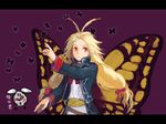  antenna_hair blonde_hair bug butterfly butterfly_wings clock insect letterboxed long_hair long_sleeves looking_away looking_up low_twintails male_focus red_eyes saga saga_frontier silence_(saga_frontier) solo toisu twintails wings yellow_wings 