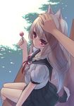  absurdres animal_ears azur_lane bench blush braid candy chi_yei commander_(azur_lane) commentary_request food from_above highres holding lollipop long_hair looking_at_viewer looking_up out_of_frame park_bench petting pleated_skirt pov pov_hands red_eyes school_uniform serafuku shade silver_hair single_braid sitting skirt tail wolf_ears wolf_tail yuudachi_(azur_lane) 