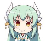  bangs blue_hair blush chibi empty_eyes eyebrows_visible_through_hair fate/grand_order fate_(series) hair_in_mouth horn_ornament horns japanese_clothes kimono kiyohime_(fate/grand_order) langbazi long_hair looking_at_viewer simple_background smile solo white_background yellow_eyes 
